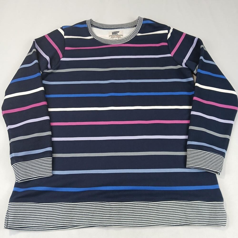 Lands End Serious Sweats Pullover Womens Large Navy Striped Crewneck Long Sleeve